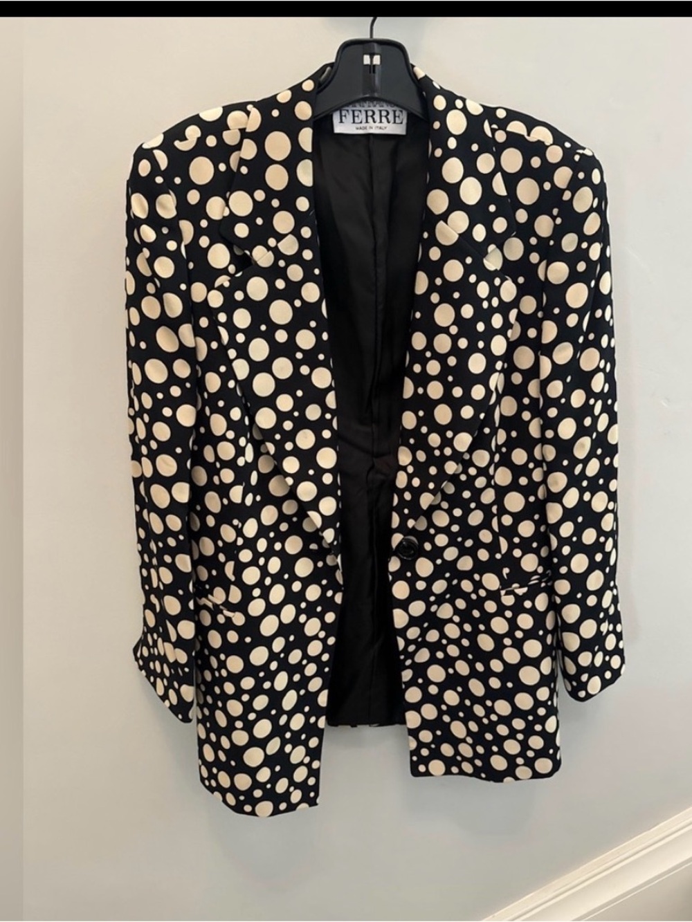 Gianfranco Ferre Black Jacket with Cream Polka Dots Vintage Size 8